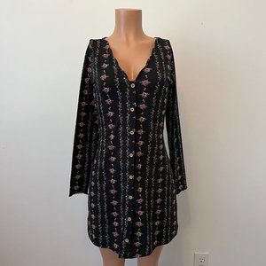 Long Sleeve Floral Button Down V Neck Long Sleeve Dress - Small